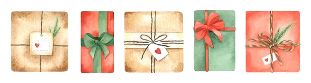 Cadeautjes Set van mooie kerstcadeaudozen. Aquarel handgetekende kerstcadeaudozen