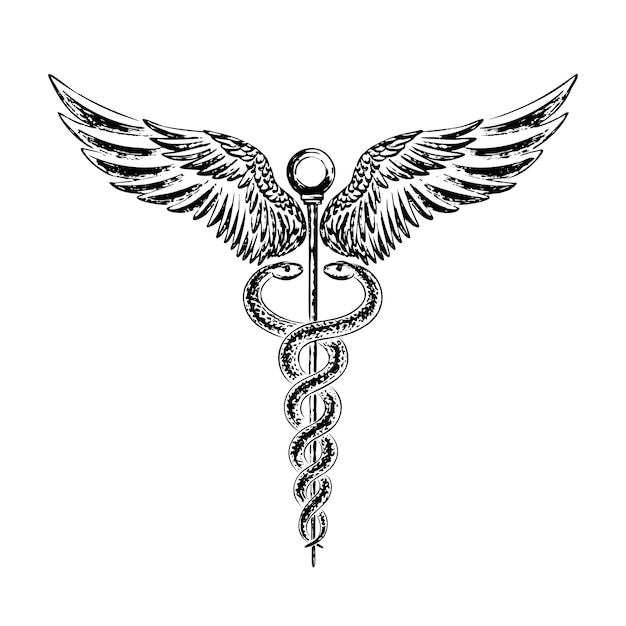 Caduceus 건강 기호 뱀과 날개 기호 의료 그림입니다. 텍스처 브러시