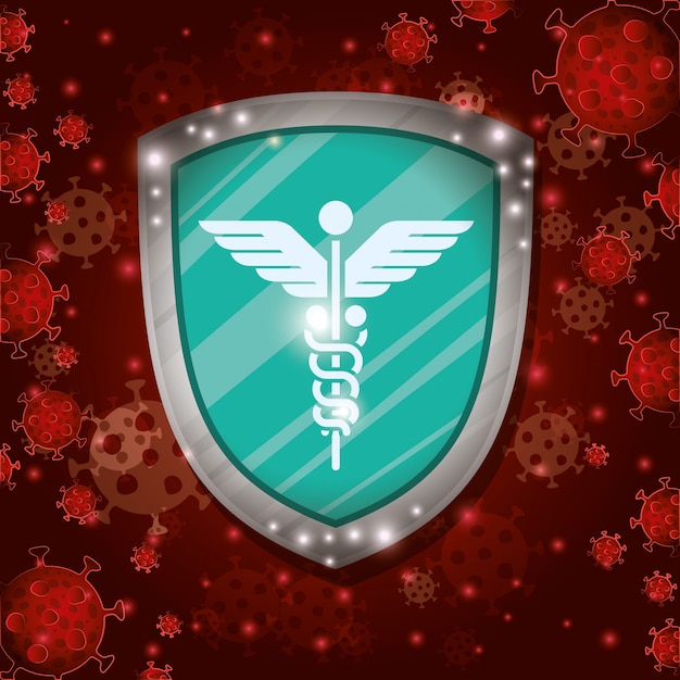 Vector caduceus shield in front of covid 19 virus background