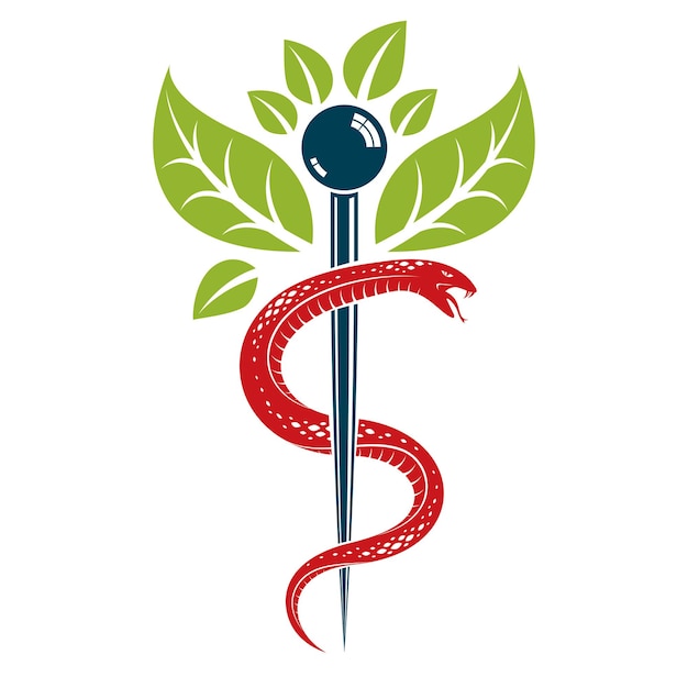 Вектор Символ кадуцея, концептуальная векторная иллюстрация здравоохранения. творческая эмблема гомеопатии.