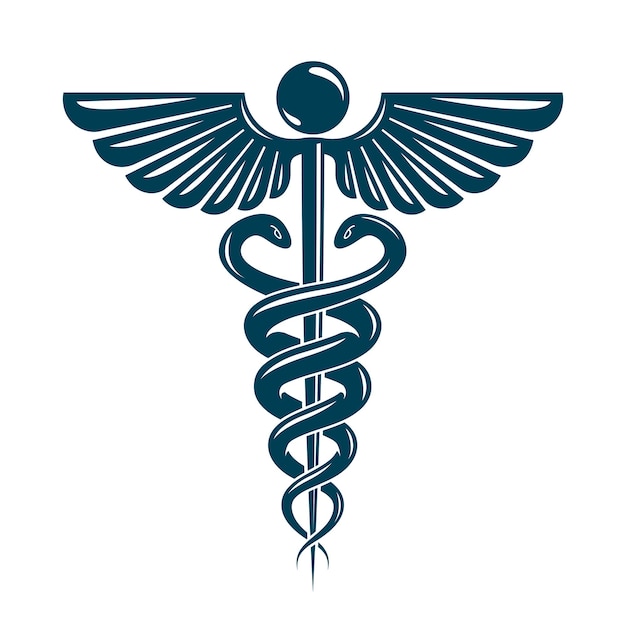 Vettore simbolo del caduceo realizzato con ali di uccelli e serpenti velenosi, illustrazione vettoriale concettuale dell'assistenza sanitaria.
