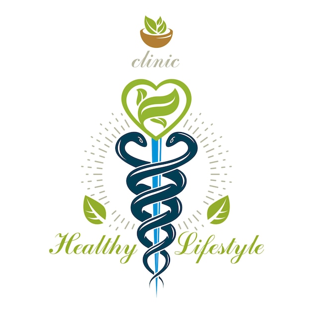 Caduceus vector conceptual emblem created with mortar and pestle. Wellness and harmony metaphor. Alternative medicine concept, phytotherapy logo.