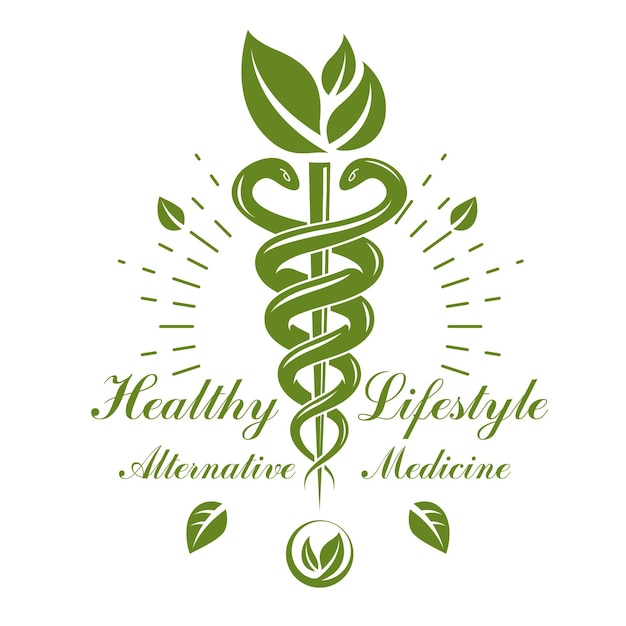 Caduceus vector conceptual emblem created with snakes and green leaves. Wellness and harmony metaphor. Alternative medicine concept, phytotherapy logo.