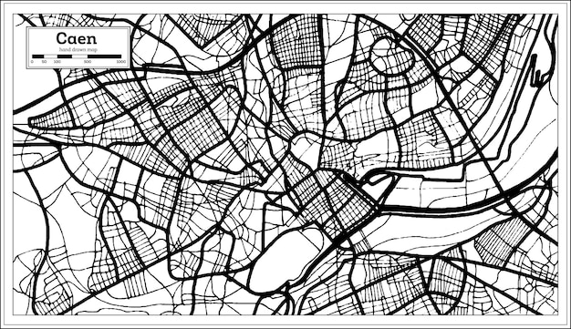 レトロなスタイルの黒と白の色のカーンフランスの都市地図。白地図。ベクトルイラスト。