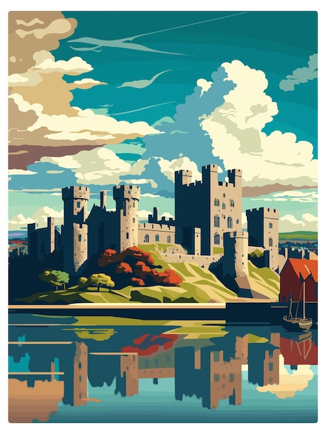 Vector caernarfon castle wales vintage travel poster souvenir postcard portrait painting wpa illustration