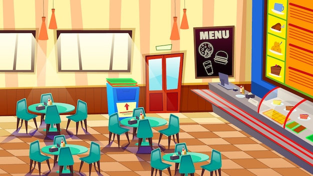 Vector cafe bar or bakery interior with tables and chairs illustration