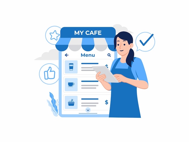 Cafe coffee shop proprietario del negozio cameriera barista lavoratore uso tavoletta digitale app ordine cibo consegna menu