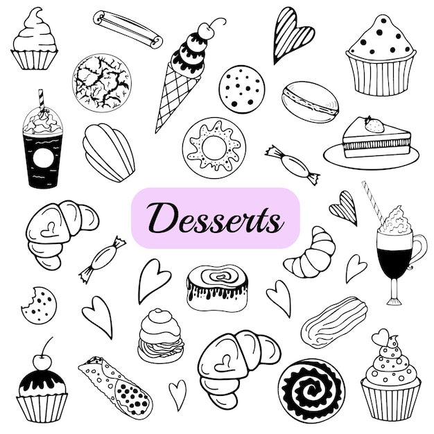 Vector cafe collection hand drawn doodle elements sweets and candies set