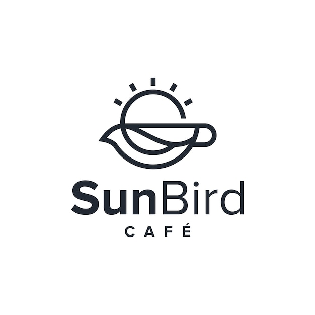 鳥と太陽の輪郭とシンプルで洗練された創造的な幾何学的なモダンなロゴデザインのカフェカップ