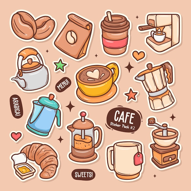 Cafe cute doodle vector sticker collection