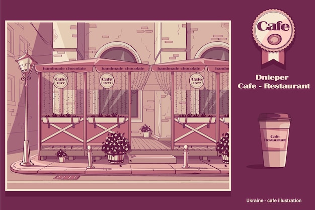 cafe in Dnipro, Ukraine. Image of cafe in pink color.