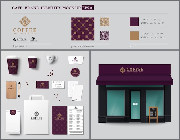 Cafe en showcase merkidentiteit sjabloonontwerp set vintage stijl vectorillustratie