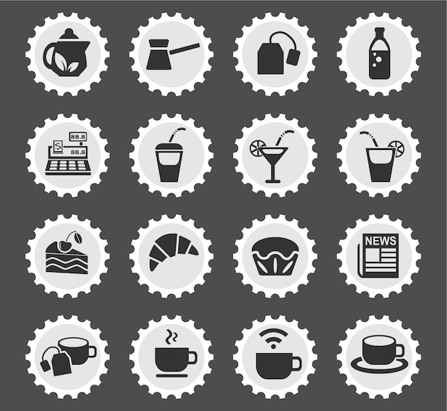 Cafe icons on stylized round postage stamps