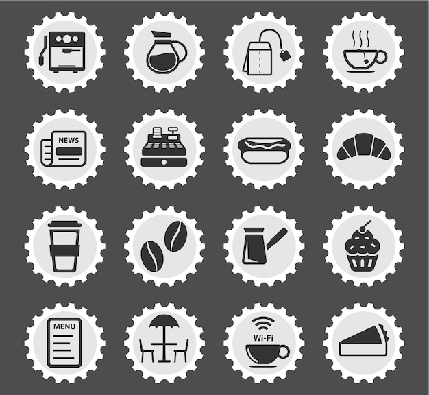 Cafe icons on stylized round postage stamps