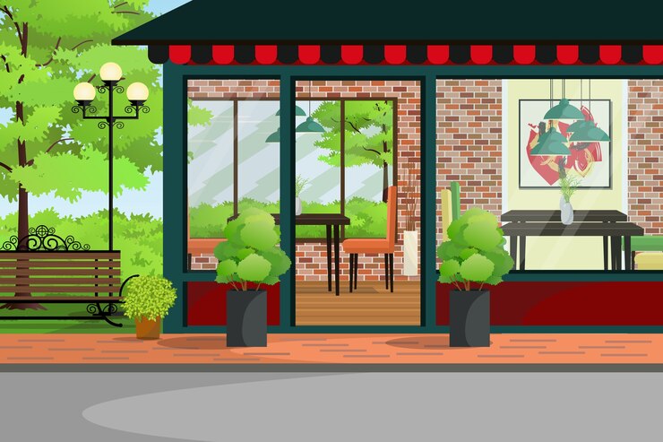 Vector cafe interieur en exterieur illustratie met tuinzicht in tuin. vectorillustratie