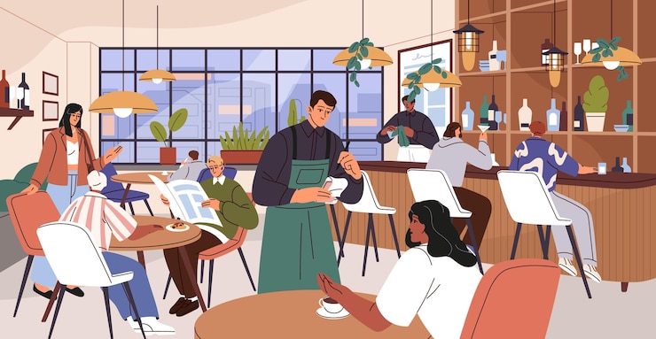 Vector cafe interior woman drink coffee on the table indoor people with cocktails sitting at bar counter professional waiter in apron take order friends meeting in restaurant flat vector illustration