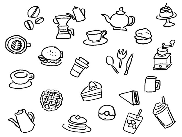 Vector cafe line drawing icon set black and white