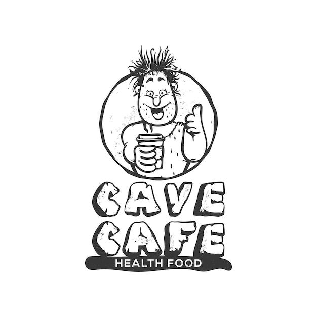 Cafe logo met Cartoon holbewoner en kopje koffie Zwart-wit vectorillustratie