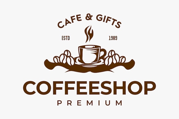 Cafe logo with cup and coffee beans