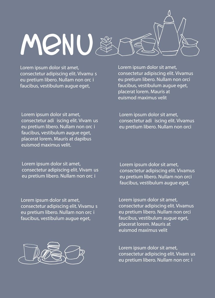 Vector cafe menu design template with place for your text decorated with hand drawn cups pots glasses cakes pastry