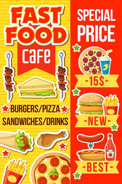 Vector cafe menu with fast food meals and drink