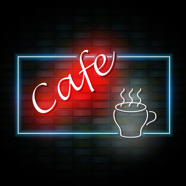 Vettore insegna al neon del caffè sul muro di mattoni