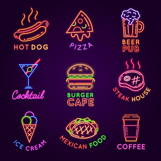 Insegne al neon del caffè. cartelloni luminosi luminosi di cibo e bevande. hamburger e pizzeria, birreria, steak house e set di vettori per il segno del bar. pubblicità per la vendita di gelati e cocktail