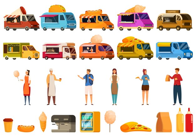 Vector cafe op wielen iconen set cartoon vector food truck