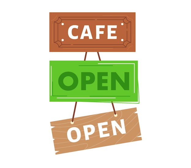 Vector cafe open sign hanging welcoming customers three colorful animated signs displayed welcoming