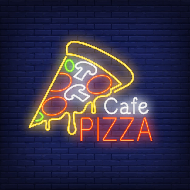 Cafe pizza neon teken. pizzapunt met gesmolten kaas. nacht heldere advertentie.