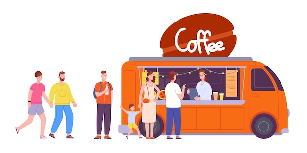 Cafe queue People long line wait fast food coffee drinks at takeaway restaurant crowd business customer waiting for buy burger snack fastfood counter splendid vector illustration