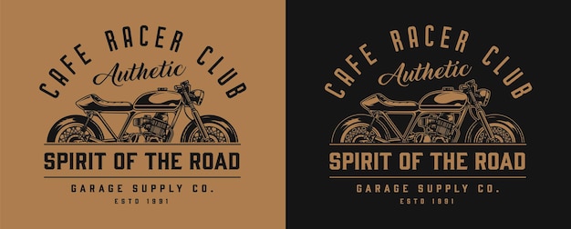 Etichetta monocromatica per moto cafe racer in stile vintage su scuro e chiaro