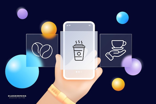 카페 세트 아이콘 커피 라떼 카푸치노 아메리카노 찻잔 차 티백 허브 커피 콩 커피 하우스 개념 Ui 전화 앱 화면 Glassmorphism 스타일 비즈니스 및 광고를 위한 벡터 라인 아이콘