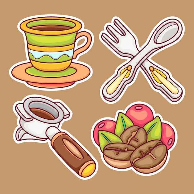 Cafe sticker pictogrammen hand getrokken kleurplaten vector