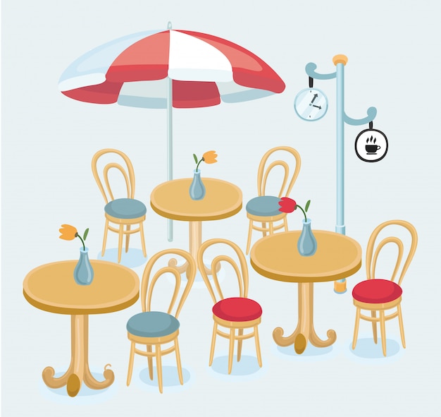 Cafe street coffee shop chairs table   illustration