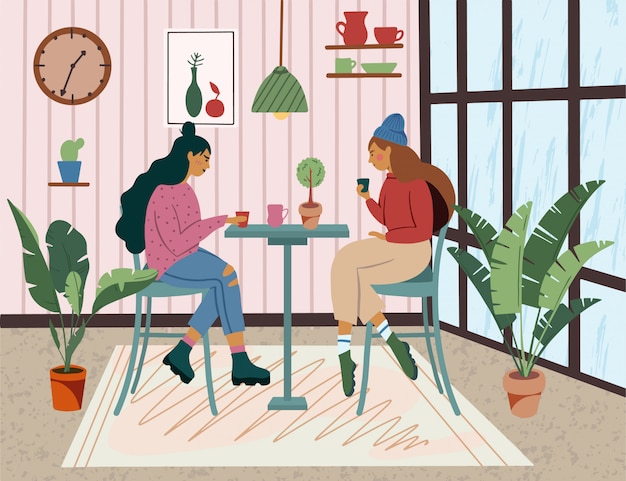 Vector cafe with girl sitting at tables, drinking coffee and working. colorful  illustration in trendy flat scandinavian hand drawn cartoon style