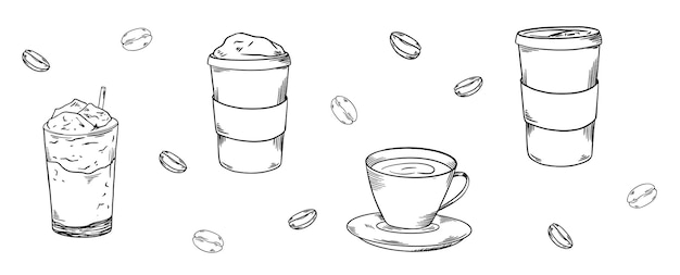 La caffetteria aveva illustrazioni dipinte impostate banner nero e bianco doodle chicchi di caffè tazza di cappuccino