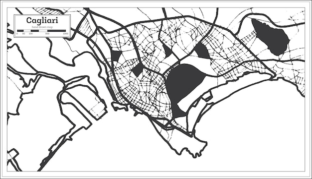 Mappa della città di cagliari in bianco e nero in stile retrò. mappa di contorno. illustrazione vettoriale.