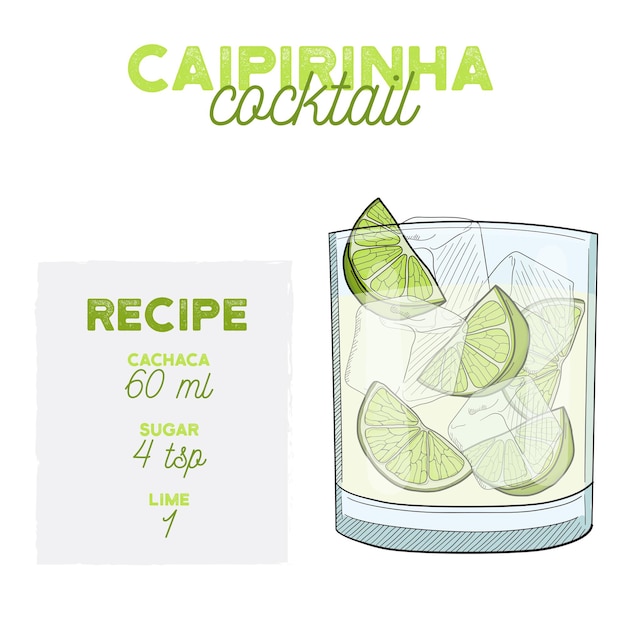 재료와 Caipirinha 칵테일 일러스트 레시피 음료