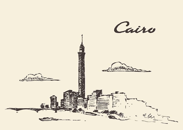 Cairo skyline, Egypt, vintage engraved illustration, hand drawn, sketch