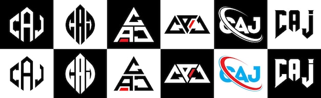 Дизайн логотипа CAJ в шести стилях CAJ многоугольник круг треугольник шестиугольник плоский и простой стиль с черно-белой цветовой вариацией логотип буквы установлен в одной художественной доске CAJ минималистский и классический логотип
