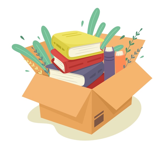 Caja de cartón con libros. Paquete. ilustración en estilo plano.