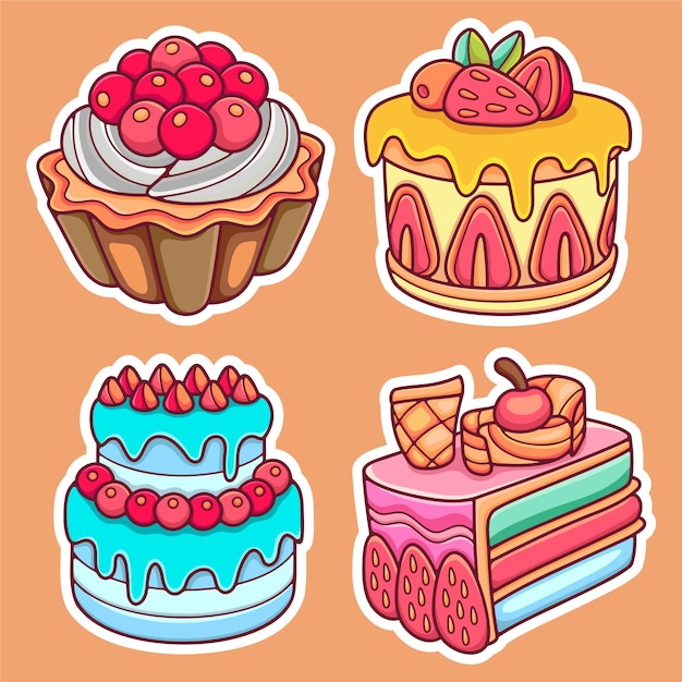 Cake and bakery sticker icons hand drawn coloring vector