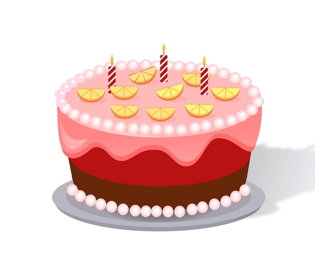 생일 개념을 위한 케이크 연례 휴일 및 축제를 위한 디저트와 진미 촛불이 포함된 사탕 제품 포스터 또는 배너 흰색 배경에 격리된 만화 아이소메트릭 벡터 그림