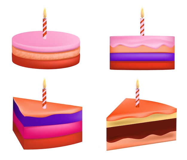 Cake birthday icons set, realistic style