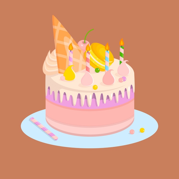 Торт на день рождения со свечами и сладостями.