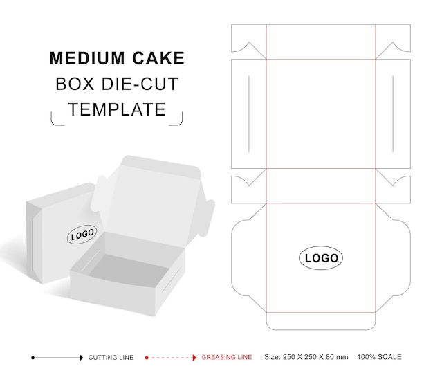 Vector cake box die cut template medium cake box keyline