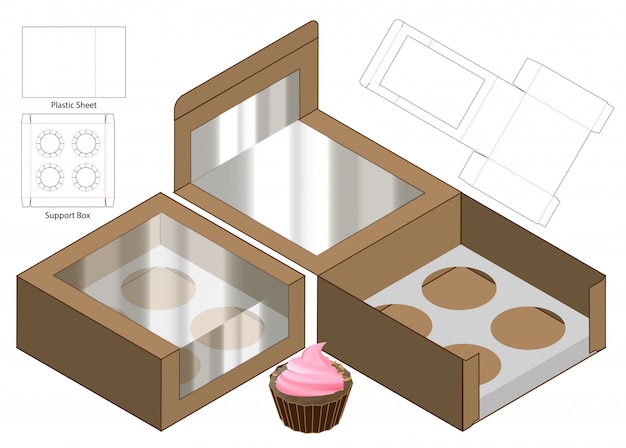 Cake box packaging die cut template design. 3d