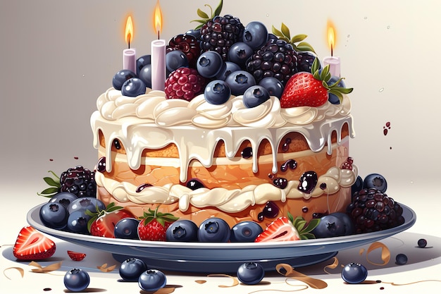 Cake in chocolate glaze and with blueberries and strawberries