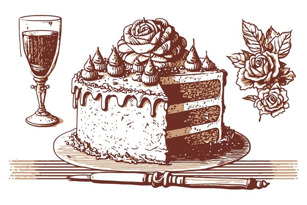 Cake Chocolate sponge cake on plate for birthday or wedding anniversary partyCake sketch Layered sweet dessert decorated with cream and berries Black color in sketch style Vector illustration